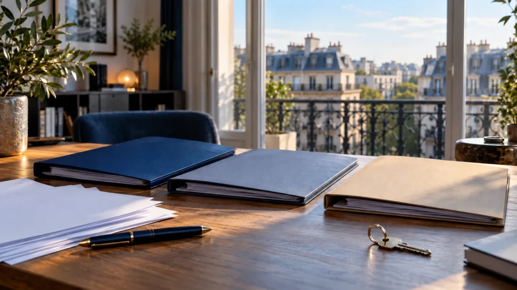 Dossiers et clé immobilière sur un bureau, pour examiner la fiscalité de différents montages.