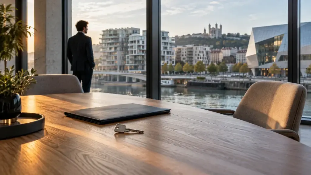 Une clé et une chaise vide dans une salle de rendez-vous immobiliers, en attente d’un acheteur.