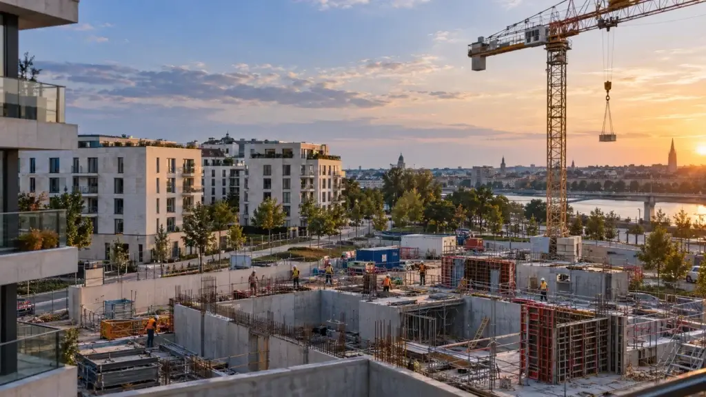 Chantier résidentiel à Bordeaux, entre fondations en cours et immeubles achevés.