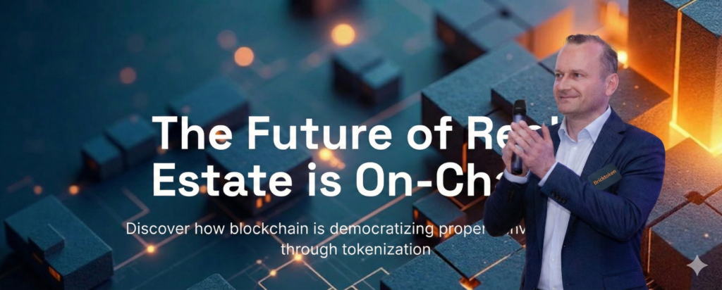 Olivier Large, micro en main, sur le visuel de présentation de Bricktoken