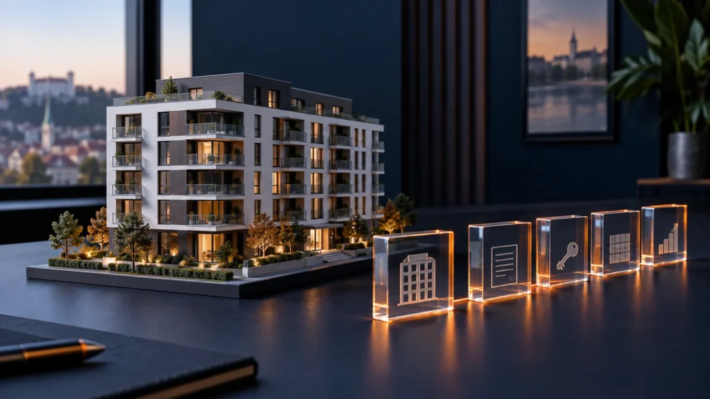 Maquette d'un immeuble résidentiel posée devant une fenêtre donnant sur une vieille ville, à côté d'un bloc de verre gravé d'un pictogramme d'immeuble