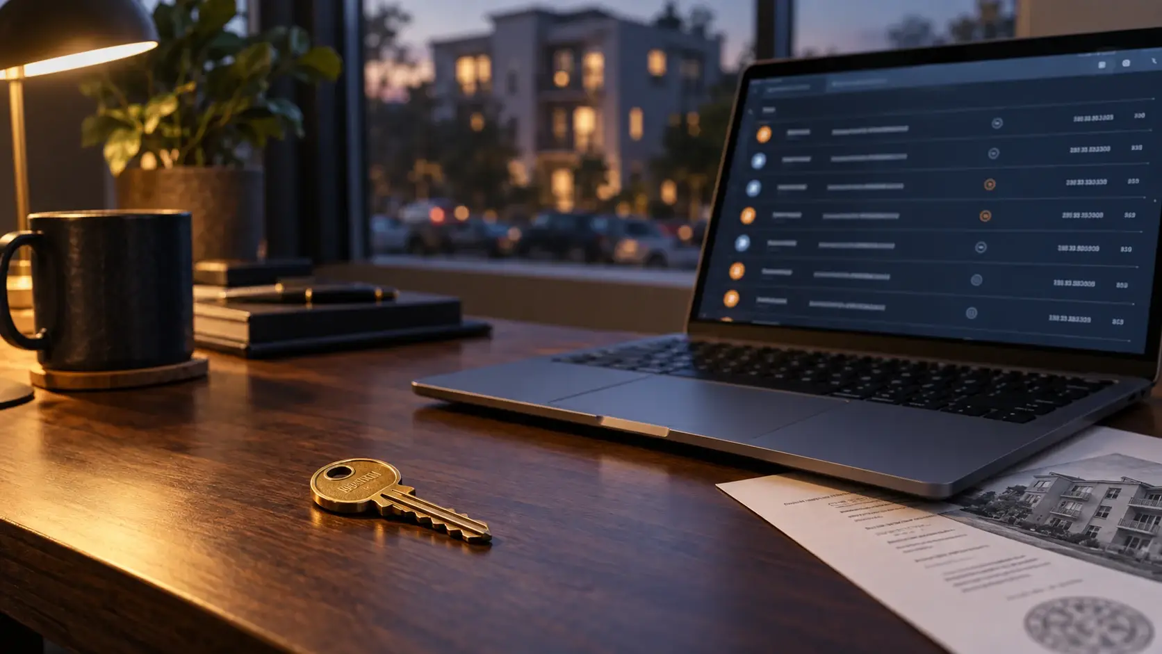 Clé de maison posée à côté d'un ordinateur portable affichant un registre de transactions, symbole du lien entre immobilier et smart contract