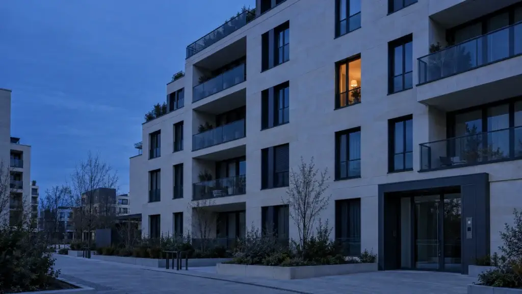 Immeuble résidentiel contemporain français au crépuscule, façade bleu nuit et fenêtre éclairée