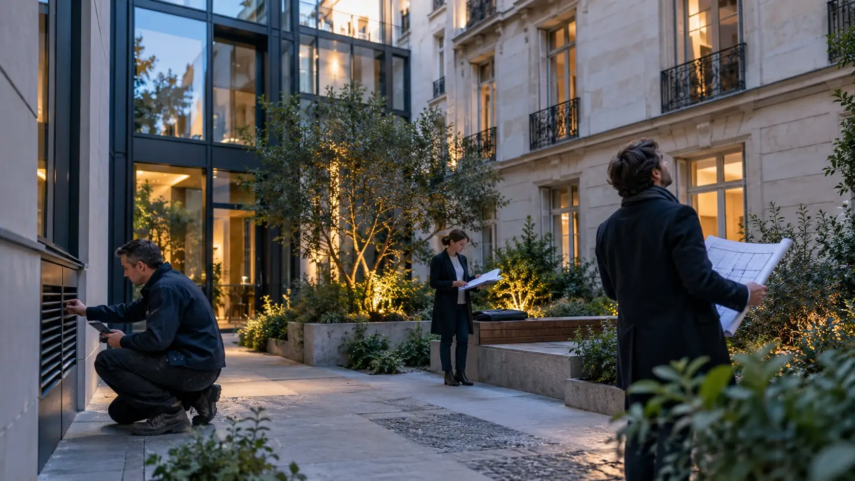 Plusieurs professionnels travaillent séparément dans la cour d’un immeuble français contemporain