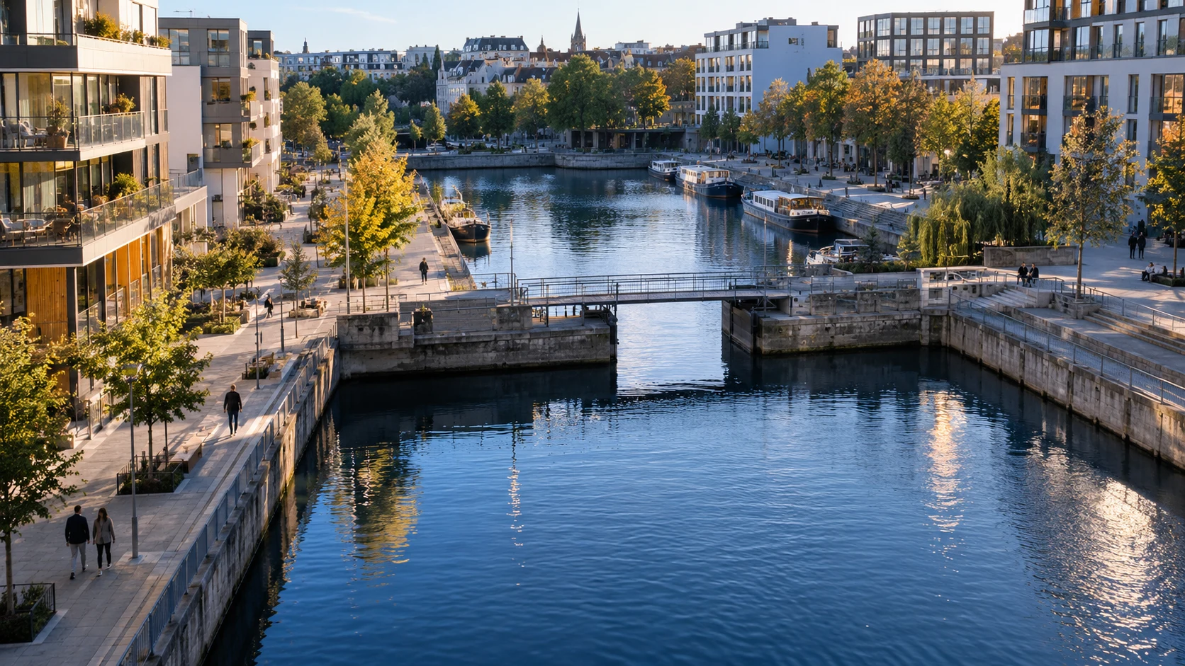 Canal urbain français composé de deux bassins reliés par un passage étroit.