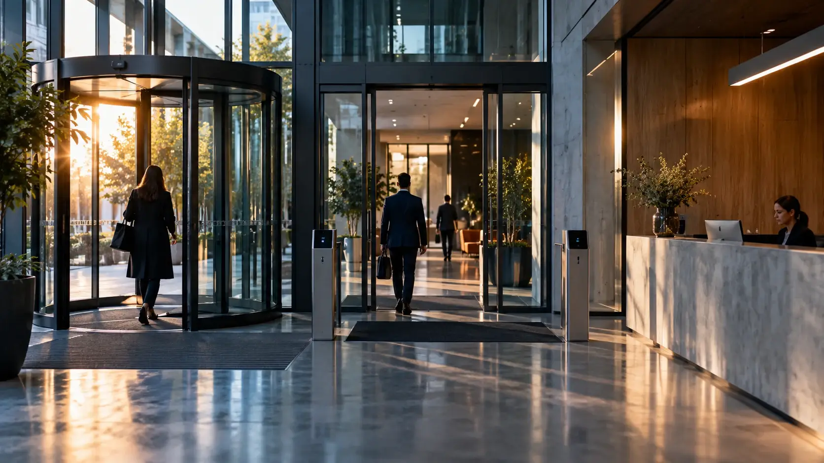 Entrée contemporaine avec plusieurs accès vitrés et un espace de réception lumineux