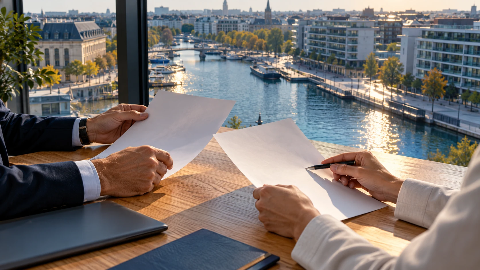 Deux personnes comparent des documents sans texte lisible sur une table en chêne clair