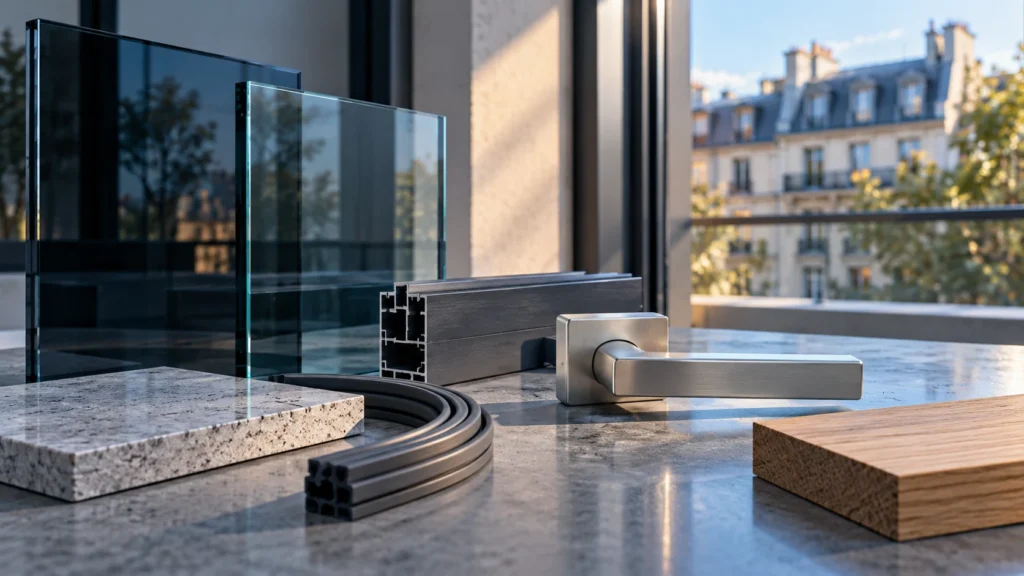 Échantillons de vitrage, joint et poignée en aluminium disposés sur une table technique