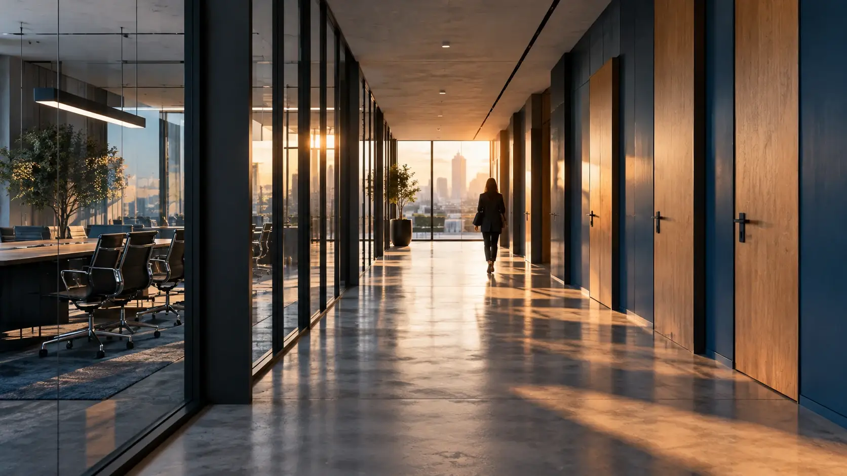 Coursive lumineuse d’un immeuble contemporain avec plusieurs portes successives.