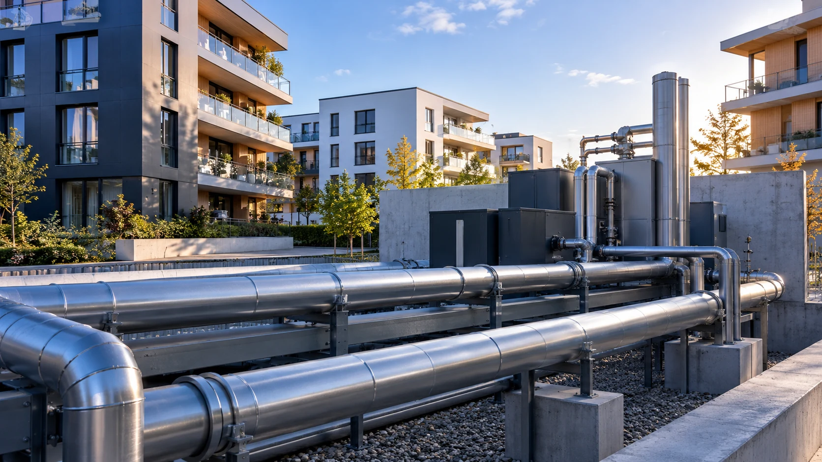 Plusieurs bâtiments distincts reliés à une infrastructure technique commune visible au premier plan.