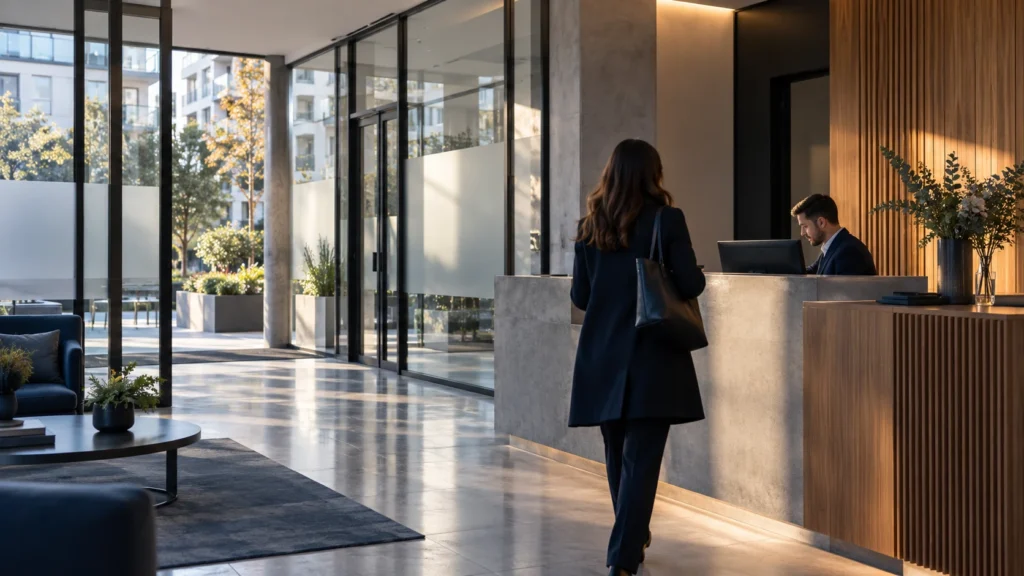 Parois en verre clair et dépoli protégeant un espace privé dans un accueil résidentiel français.