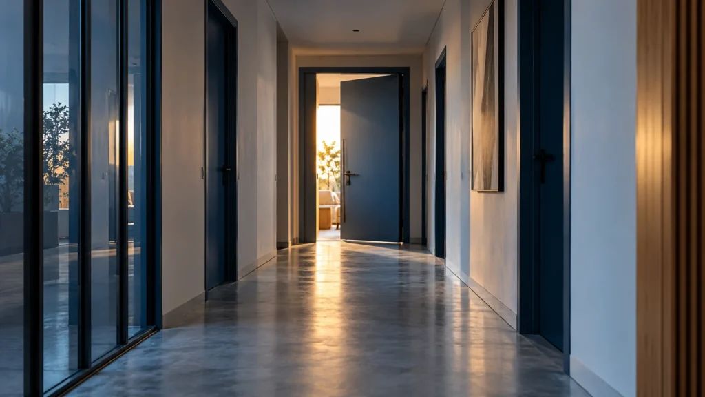 Couloir d’immeuble aux portes bleues donnant sur une porte entrouverte et éclairée