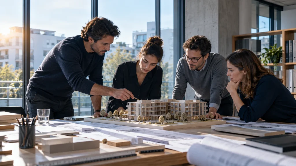 Table de travail lumineuse avec maquette physique d’immeuble, dossiers neutres et outils de mesure.
