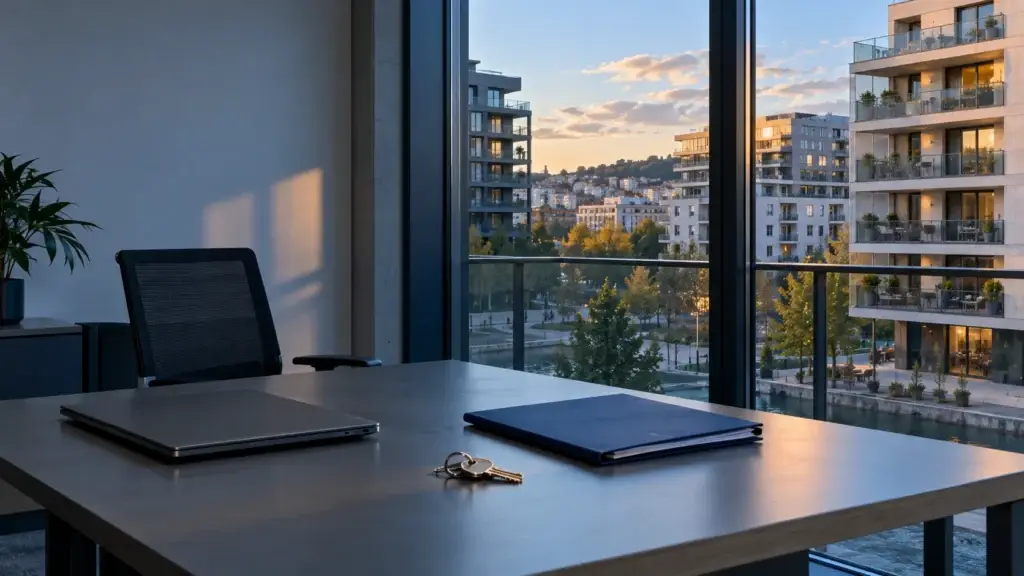 Bureau inoccupé avec ordinateur fermé, dossier et clés, devant des immeubles résidentiels toujours habités.