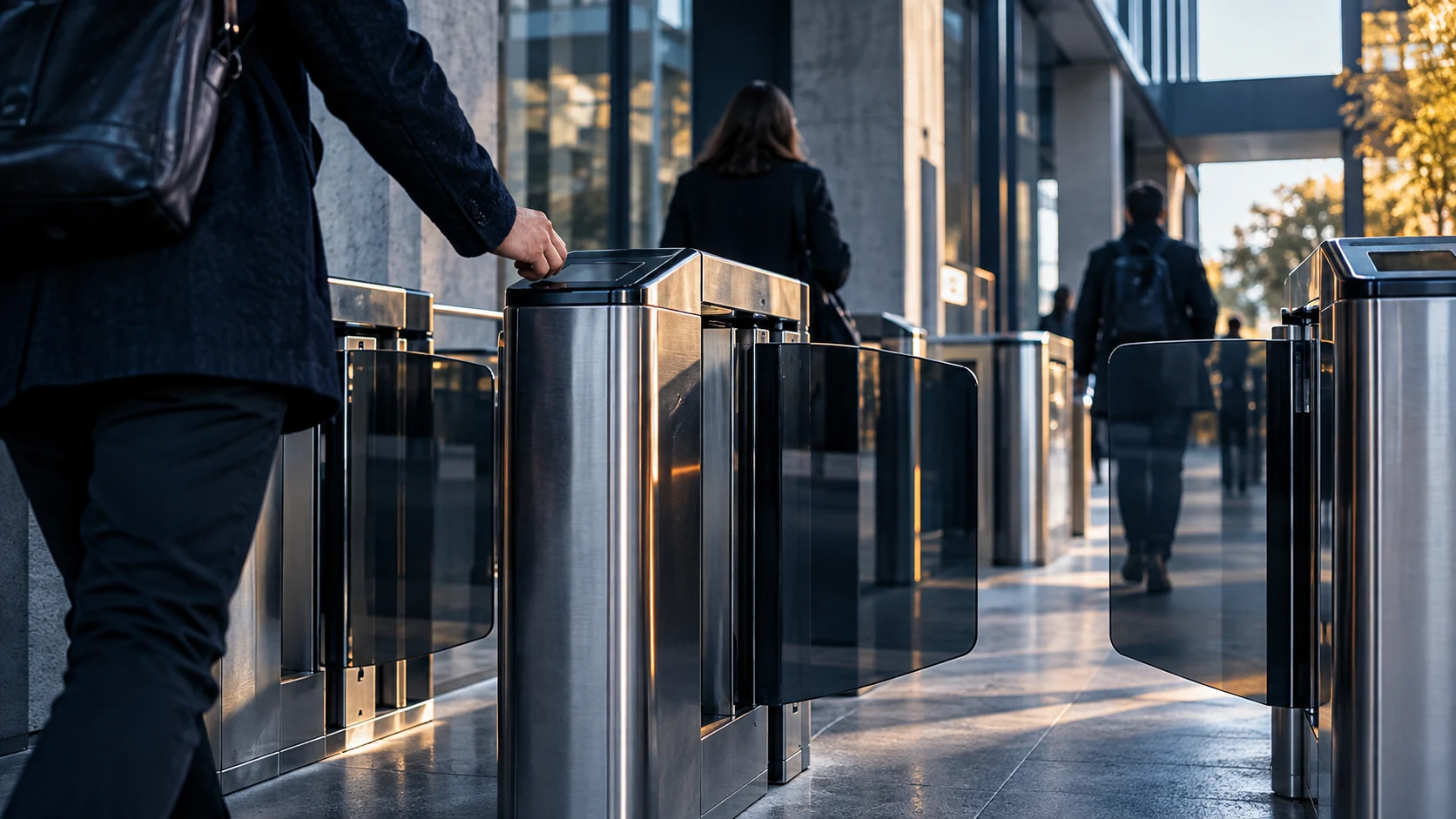 Entrée d’un parking urbain contemporain avec plusieurs voies et matériaux en béton et aluminium.