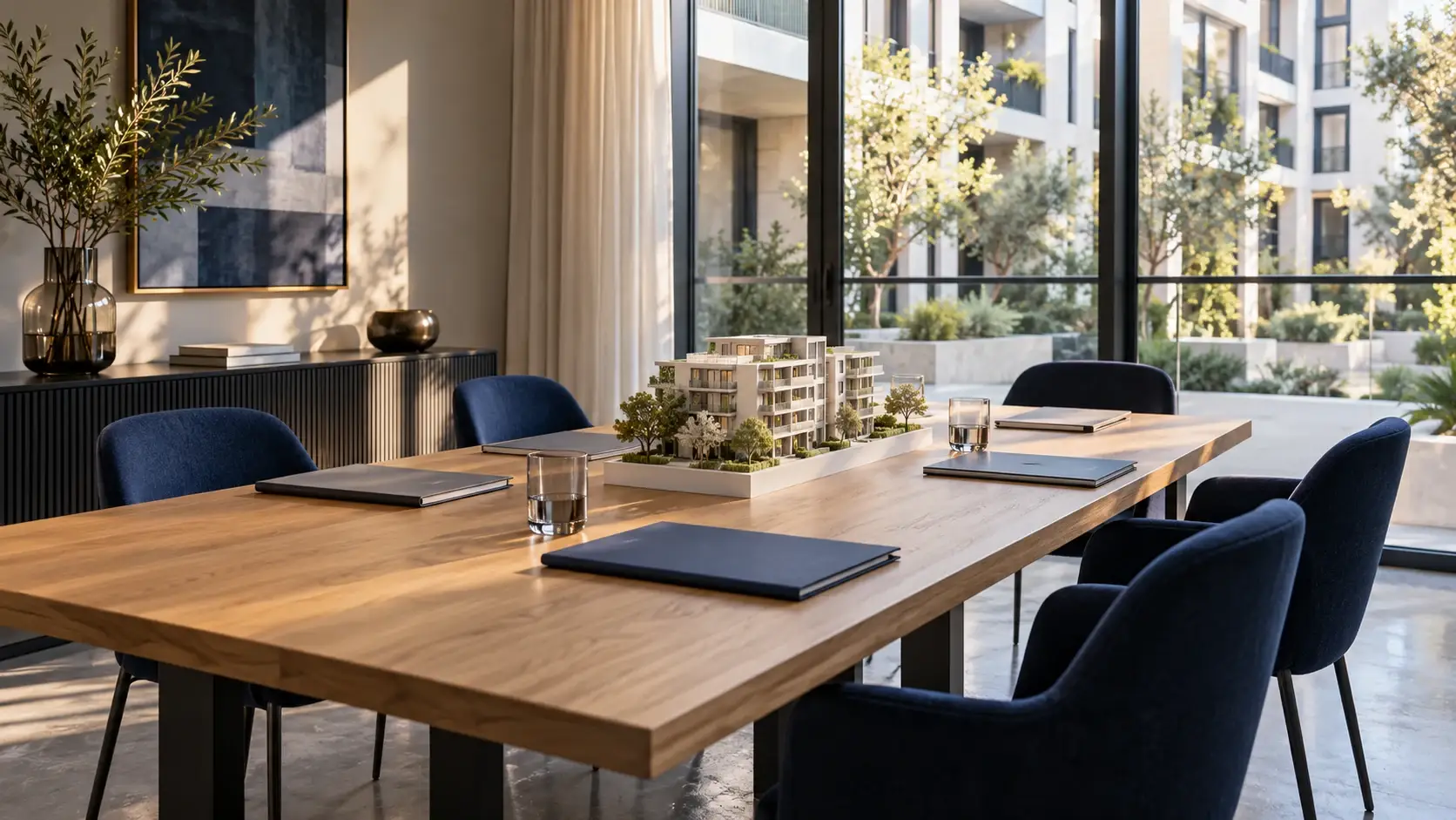 Table de réunion et chaises dans un bureau donnant sur un immeuble contemporain