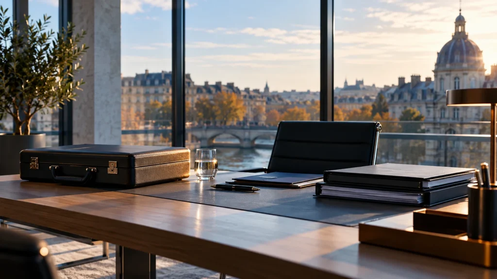 Dossiers neutres et valise sobre dans un bureau donnant sur une architecture européenne contemporaine