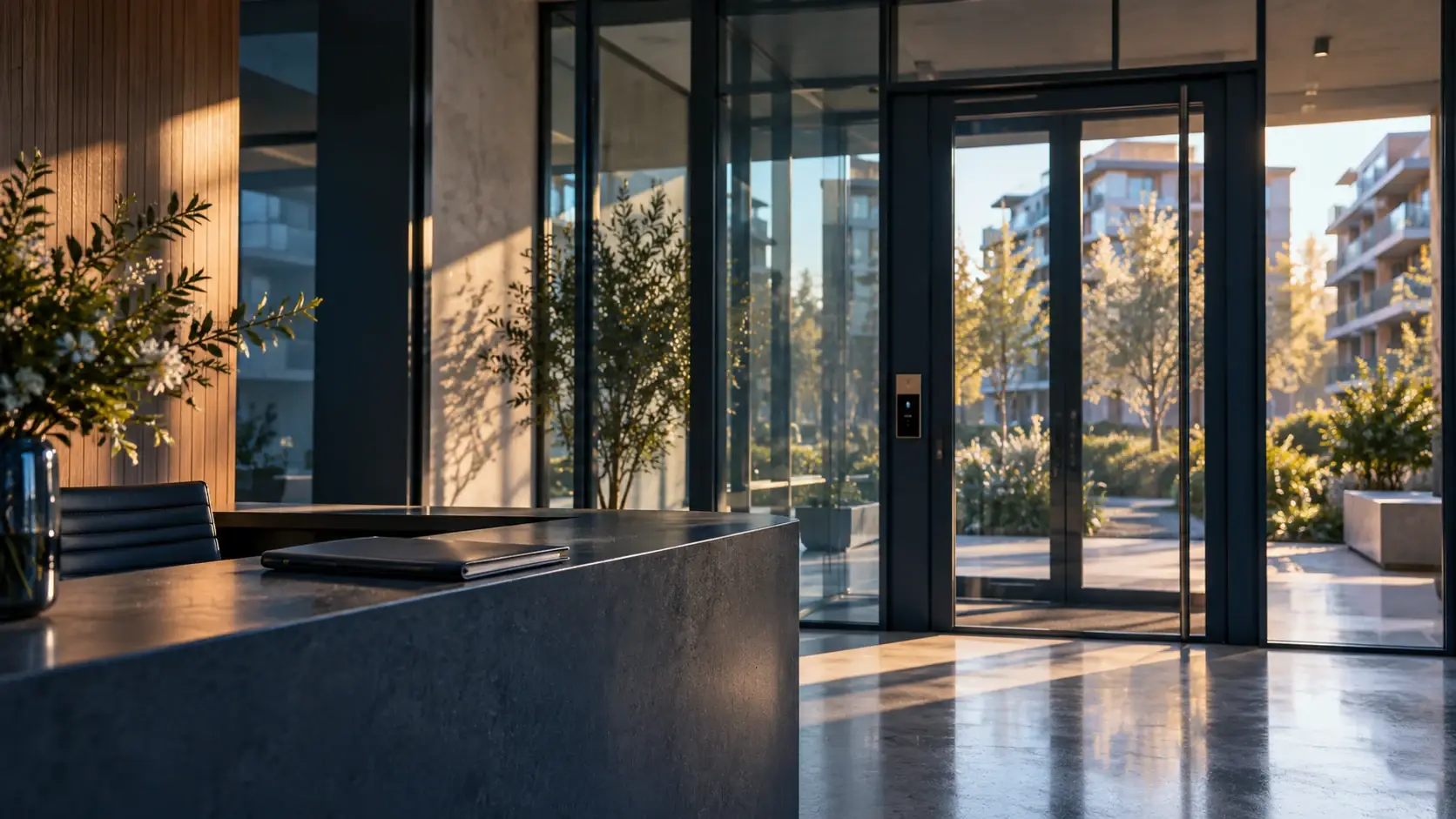 Entrée vitrée et espace d’accueil d’un immeuble contemporain français