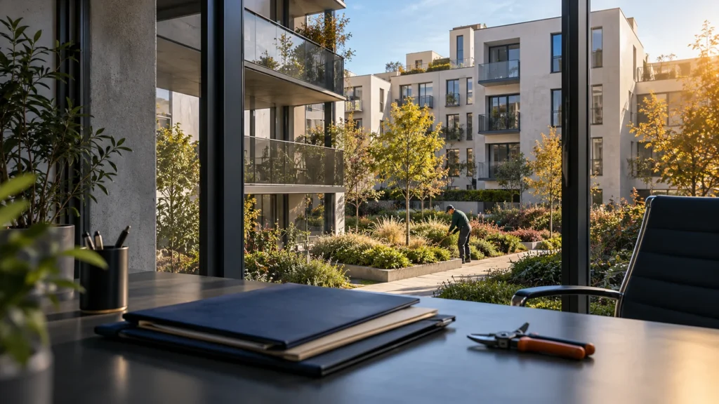 Bureau de gestion donnant sur une cour résidentielle où un jardinier entretient les plantations.