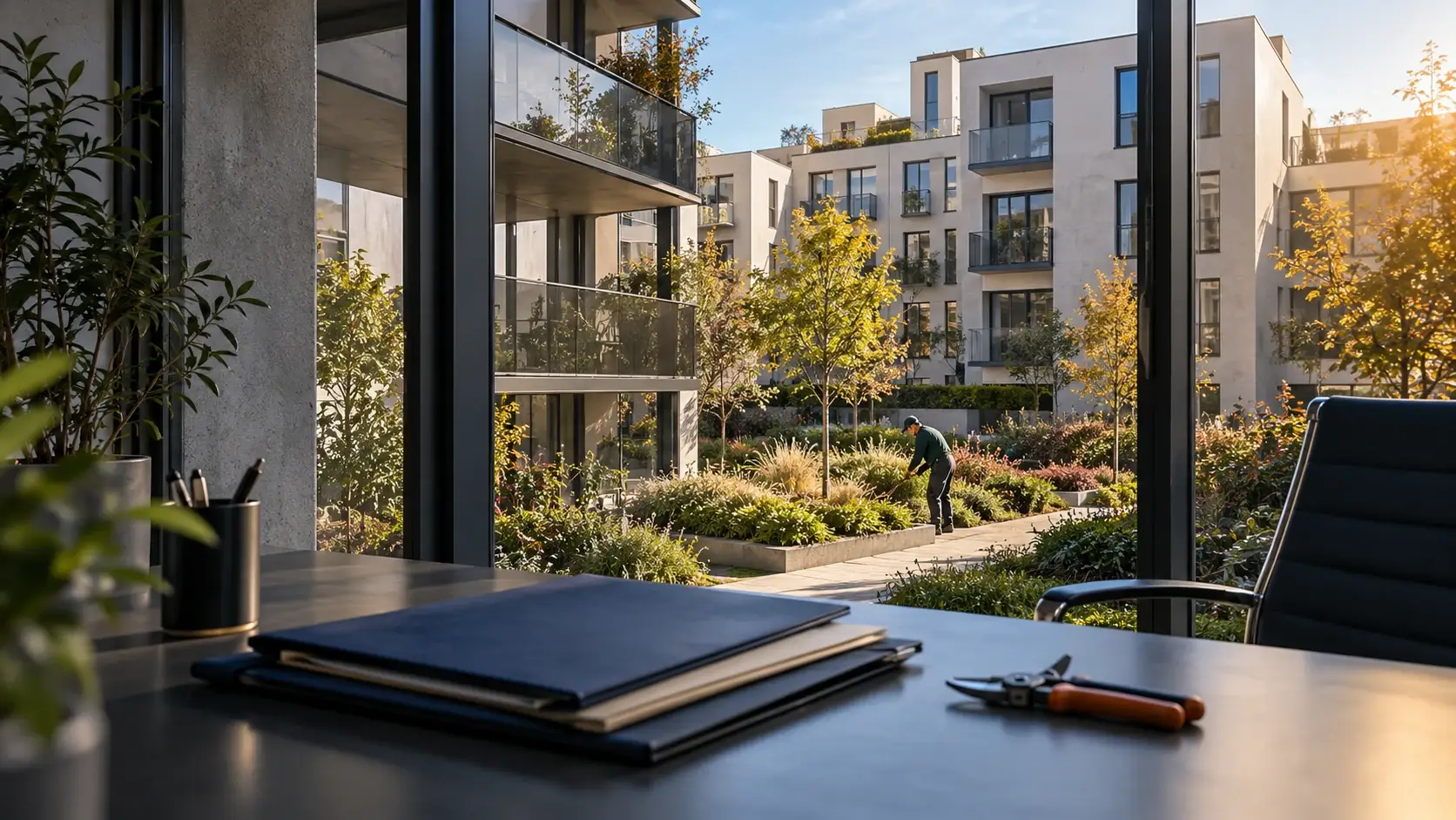 Bureau de gestion donnant sur une cour résidentielle où un jardinier entretient les plantations.