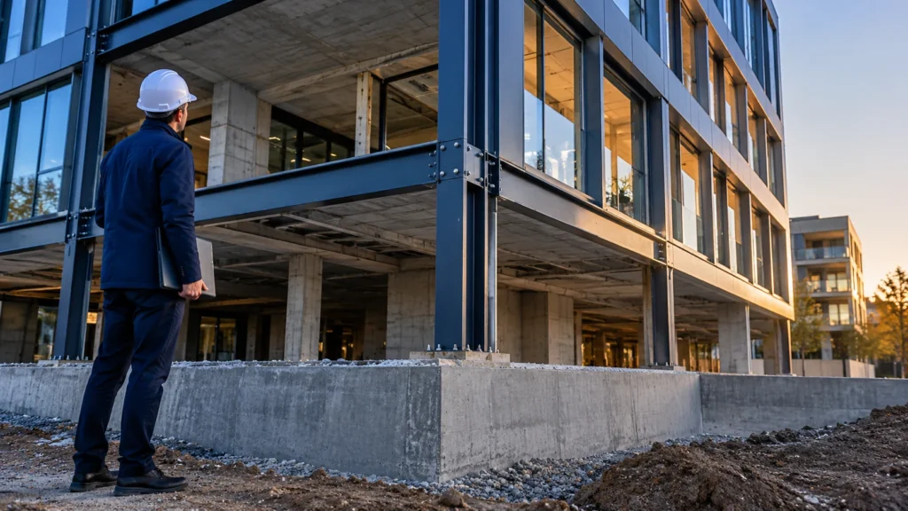 Inspection d’une structure porteuse en béton et acier sur un bâtiment français contemporain.