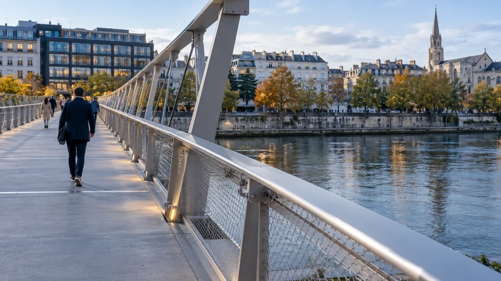 Pont piéton contemporain français dont les joints et les appuis relient deux rives visibles.
