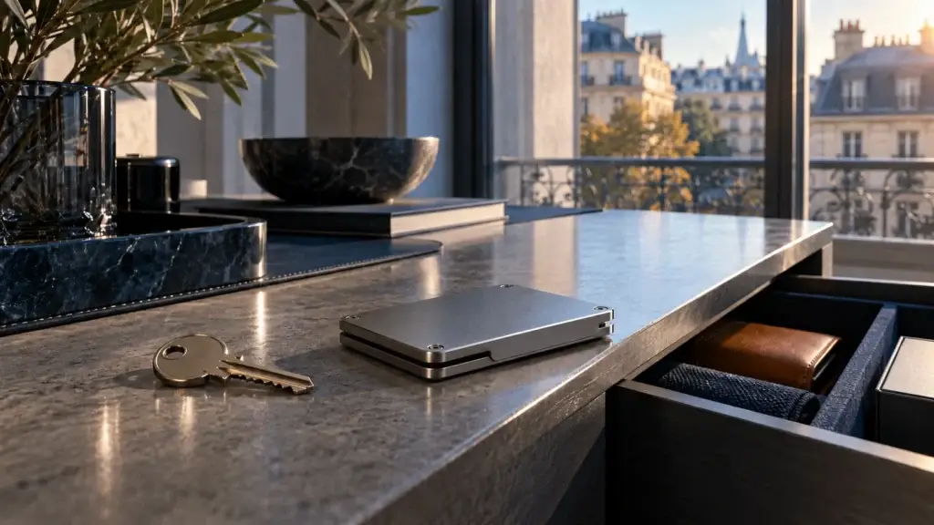 Une clé et un dispositif métallique sur un bureau, près d’un tiroir ouvert dans un appartement lumineux.