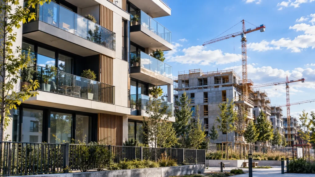Quartier français contemporain avec un immeuble occupé au premier plan et un chantier au second plan.