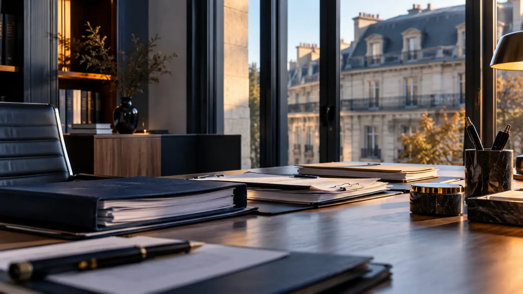 Dossiers de textures différentes sur une table de travail devant un bâtiment contemporain