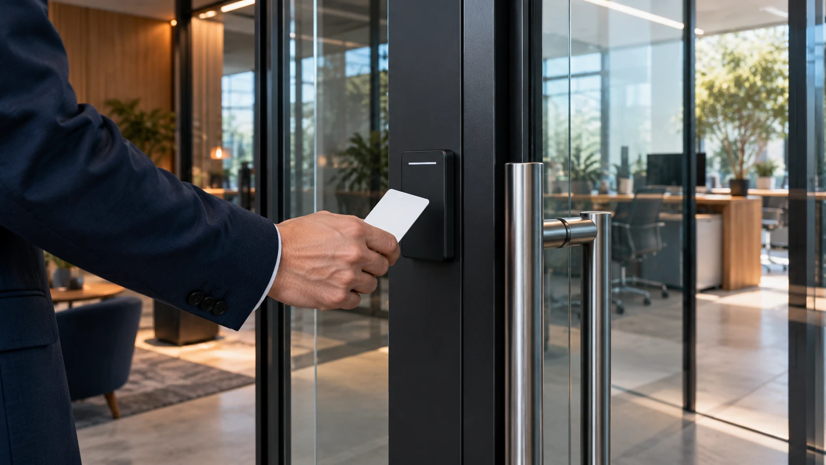 Main hésitant avant une porte vitrée, avec un badge vierge posé séparément dans un bureau contemporain.