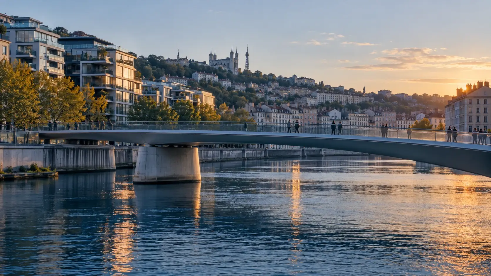 Deux rives reliées par un pont contemporain, dans une lumière naturelle aux reflets chauds.