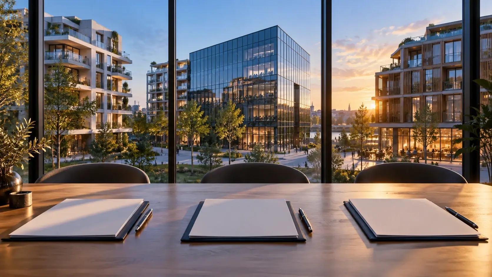 Trois dossiers neutres sur une table face à plusieurs ensembles immobiliers contemporains