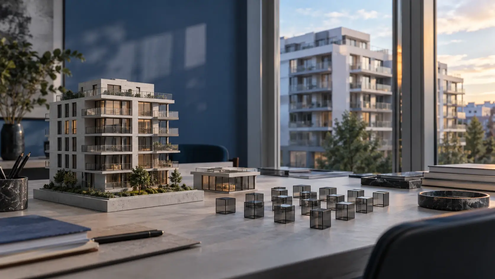 Maquette d’un immeuble et modules de verre alignés, devant un bâtiment contemporain.
