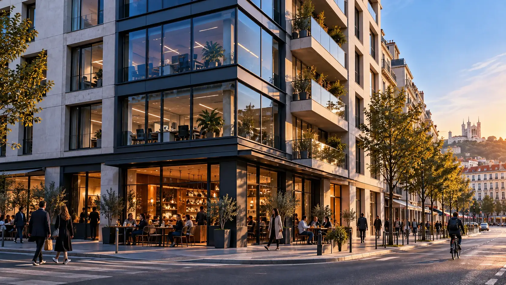 Rue lyonnaise avec commerces au rez-de-chaussée, bureaux vitrés et logements aux étages.