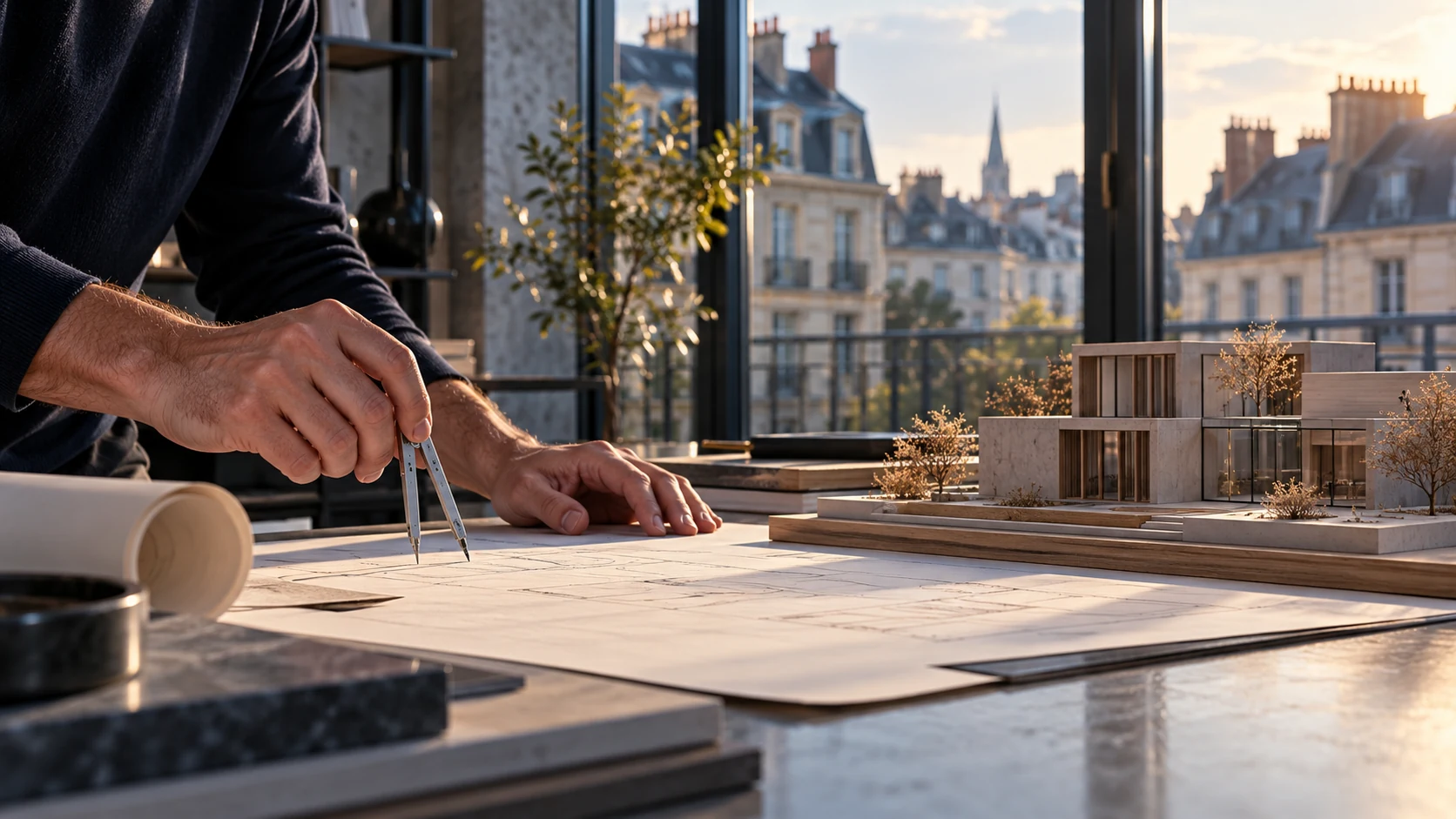 Mains d’un professionnel mesurant un plan près d’une maquette architecturale sur un bureau.